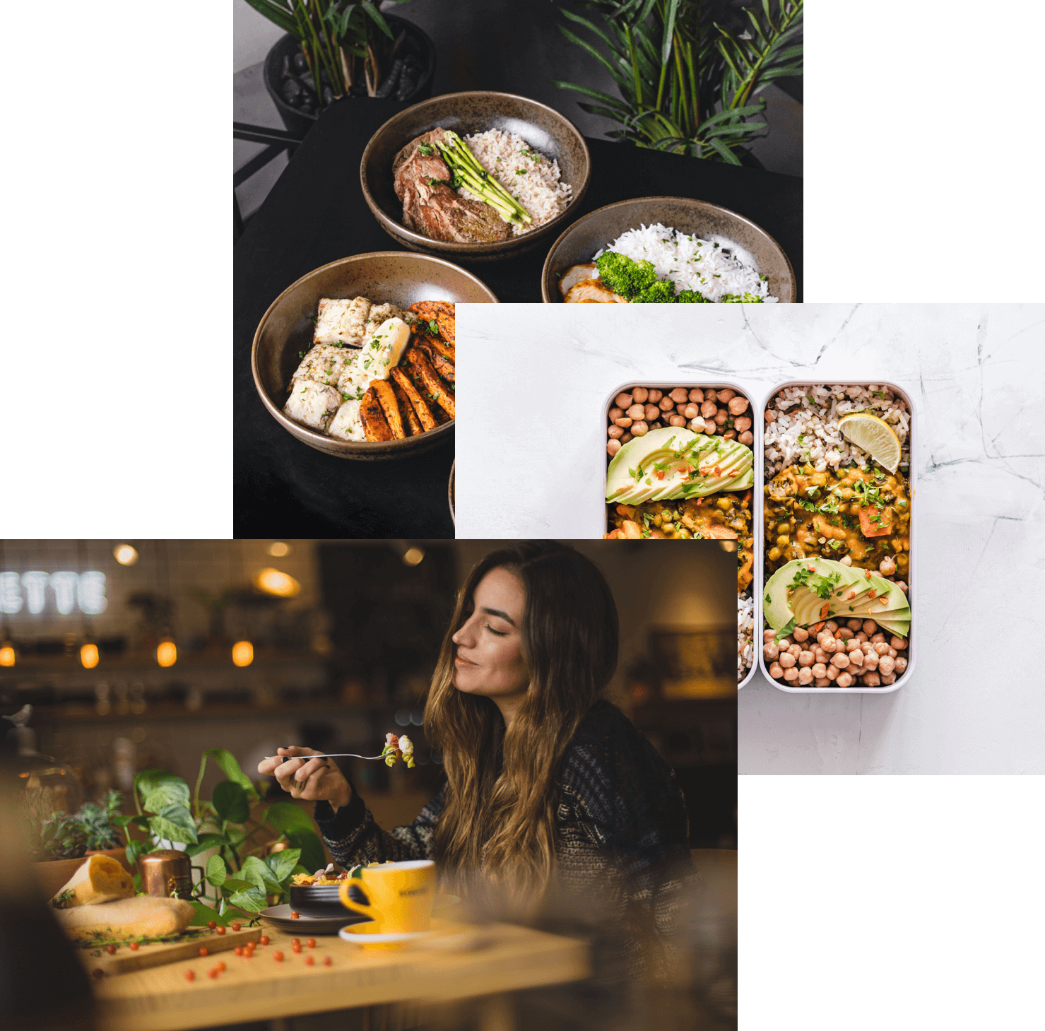 Woman enjoying her food, meal prep containers, and meals presentation